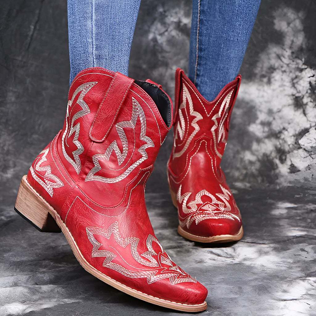Blue women's cowboy boots with embroidery detail, wedge heel, and pointed toe.