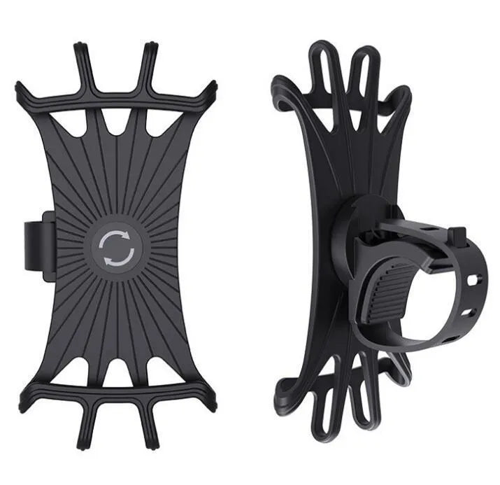 Universal bicycle mobile phone holder in black silicone on handlebar, showing front screen grip and mount belt