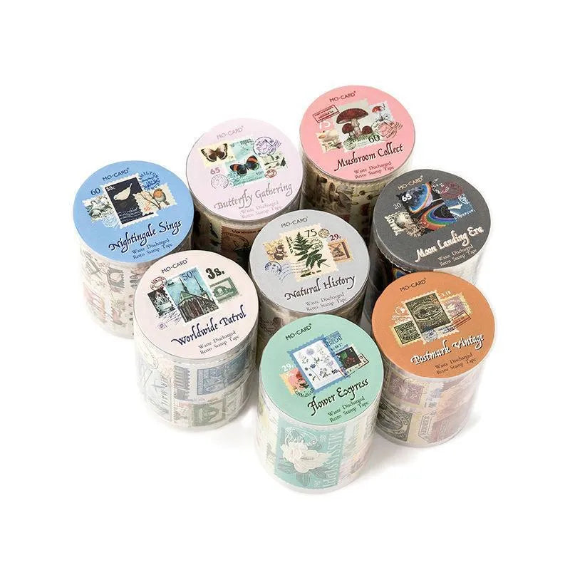 Roll of 55mm wide retro-themed coated paper stamp stickers showing butterfly, forest, bird, and mushroom designs.