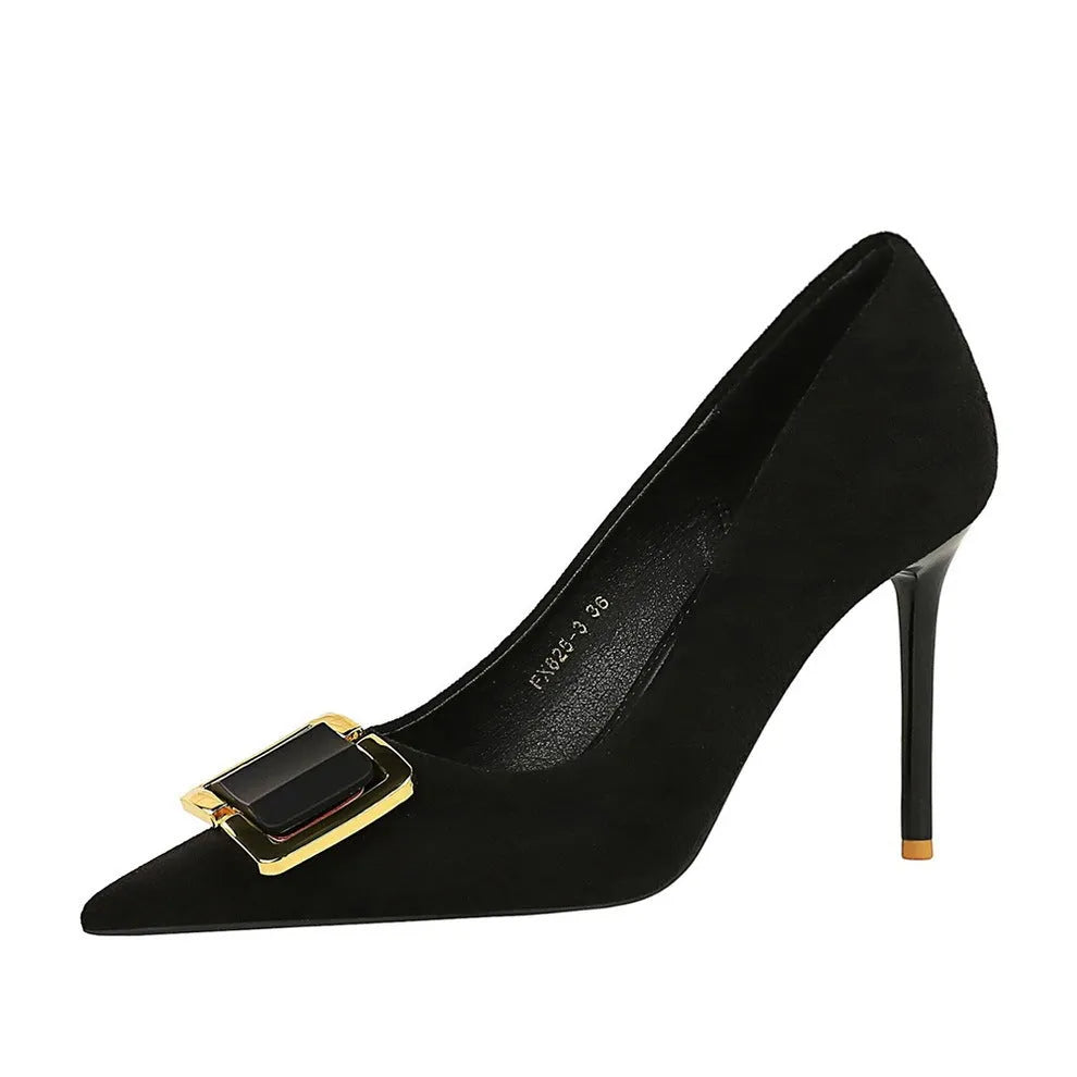 Black suede women's stiletto high heels with a pointed toe and 9cm heel.