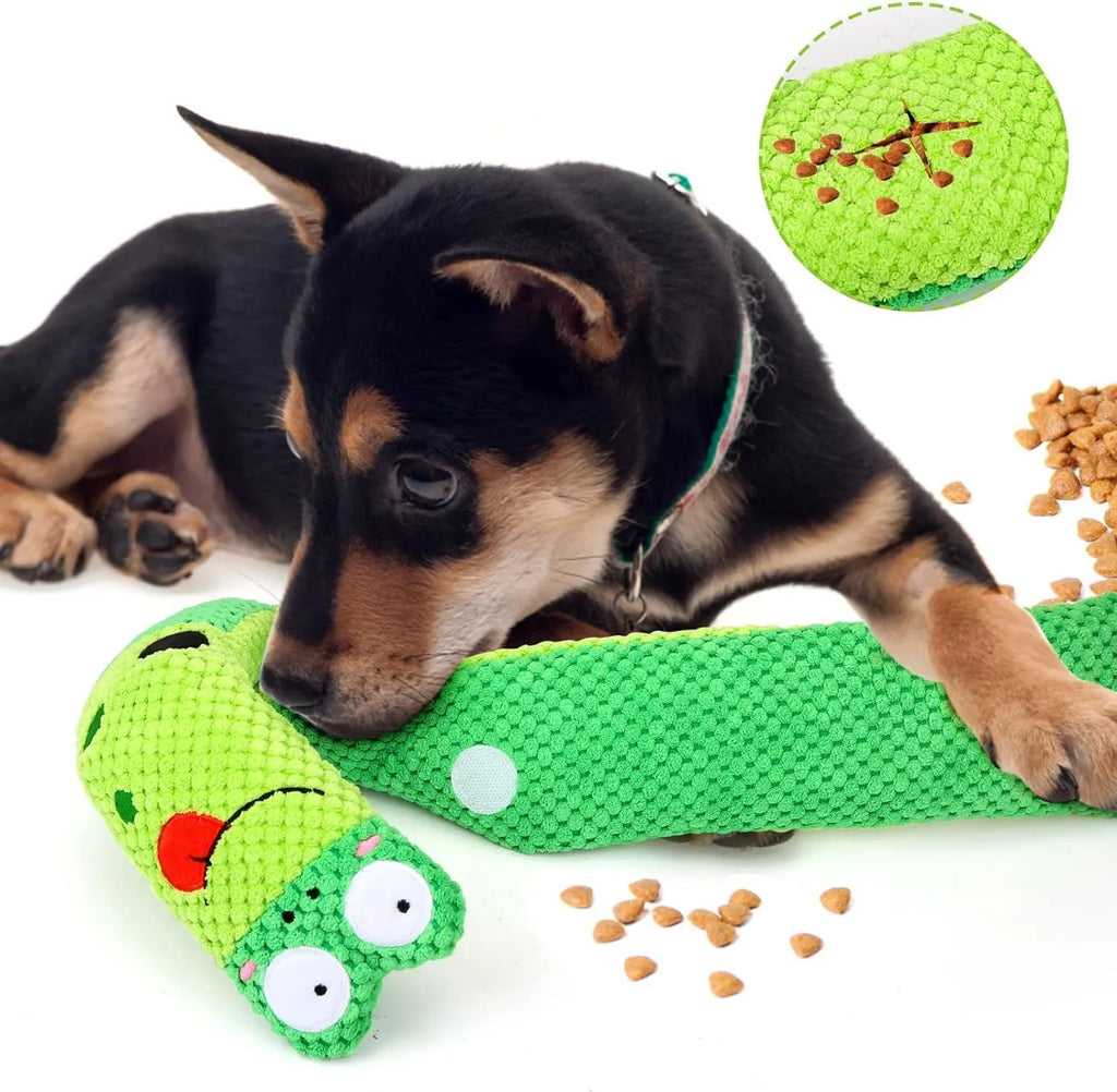 Squeak dog toy in snail shape with hidden food holes for foraging training