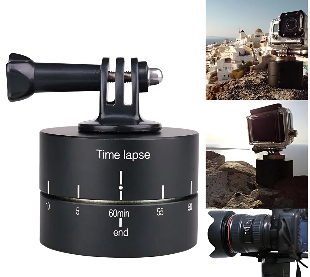 Lapse 360-degree auto rotate motorised camera tripod head on a tripod.