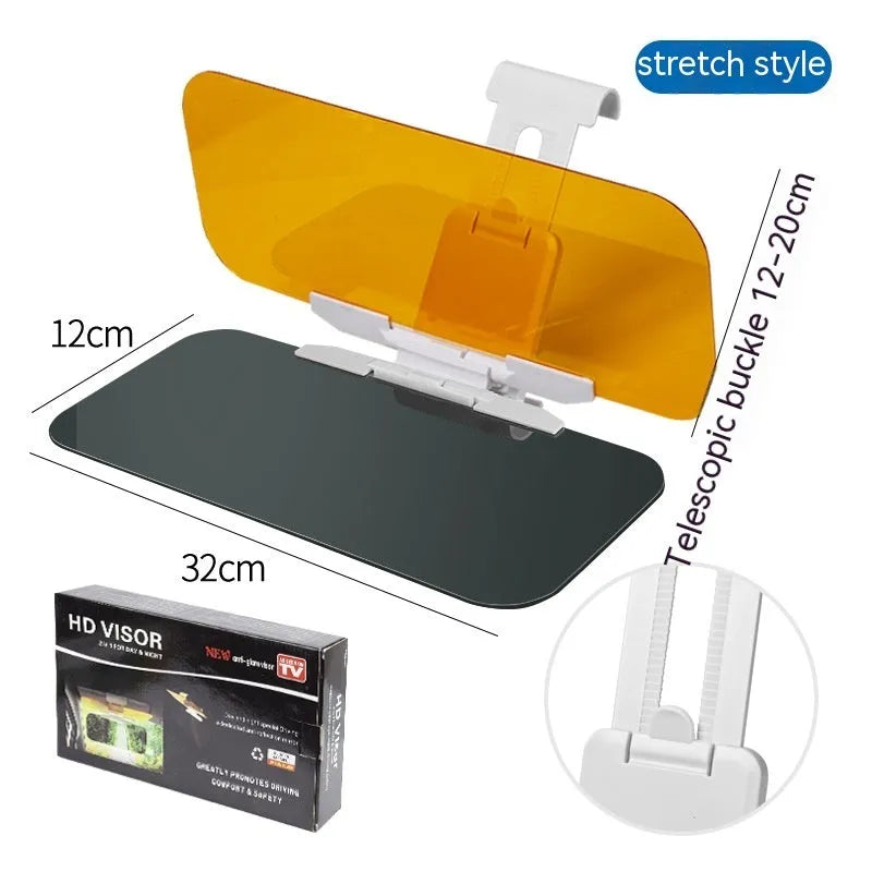 Car sun visor with anti-high beam goggles showing telescopic extension mechanism