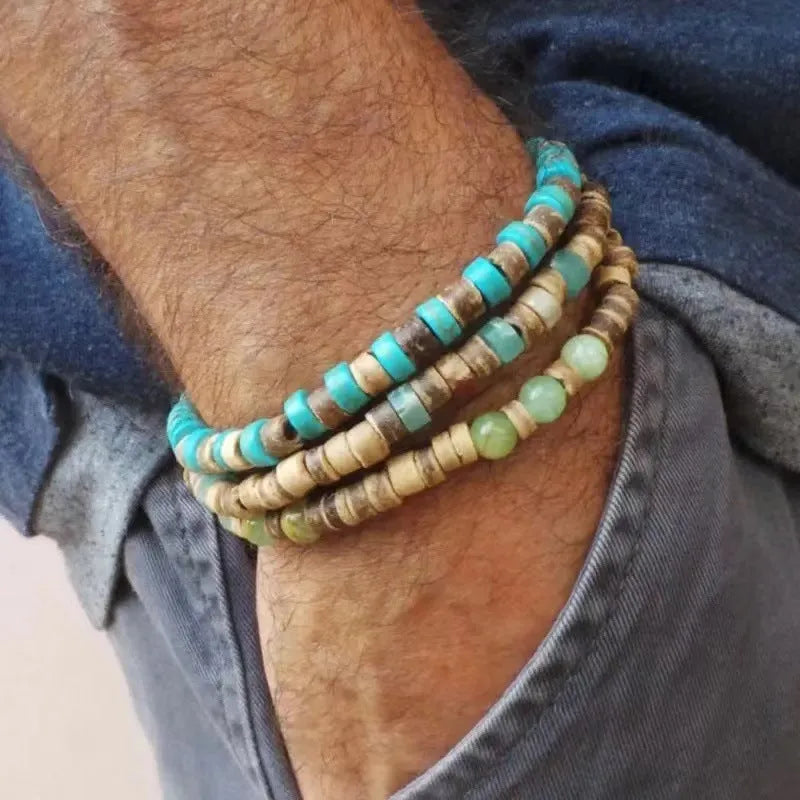 Hand-woven unisex wood bracelet with turquoise accents and totem pattern