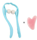 Plastic hand-held neck and shoulder massager with adjustable stand in pink, blue, or green colour.