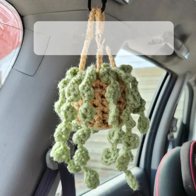 Green and white knitted car plant ornament with hanging rope for dashboard or mirror decoration