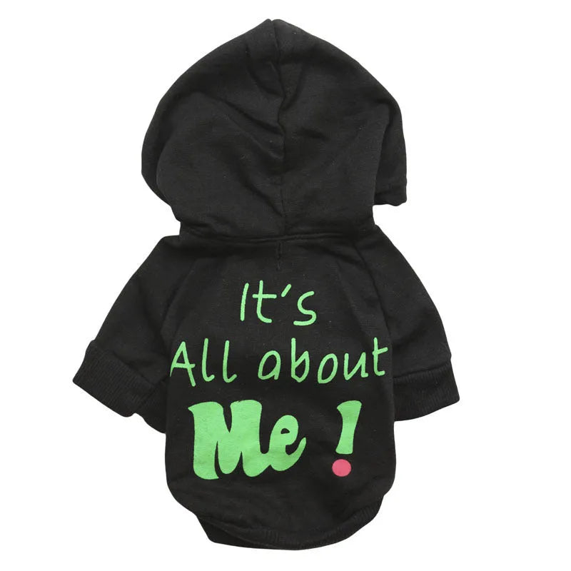 Fleece printed dog clothes in style A on a small dog, with collar opening and four leg holes