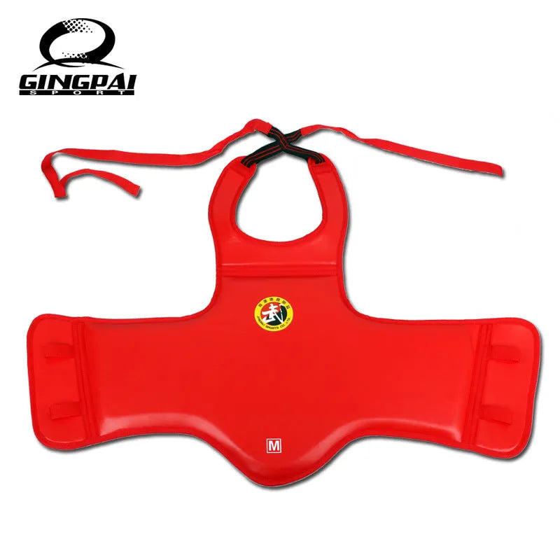 Red boxing helmet with matching chest protector for training and competition