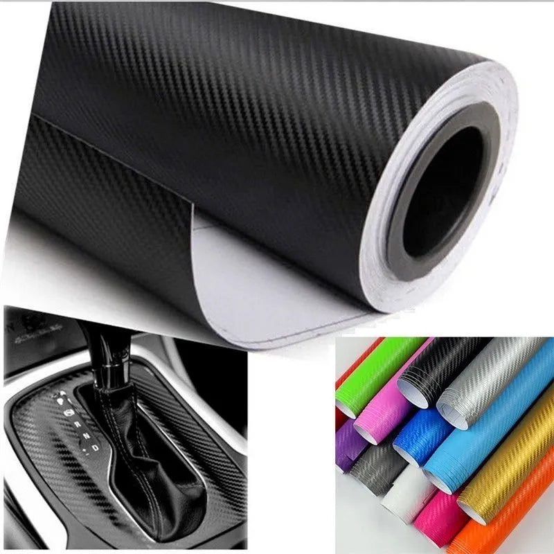 3D carbon fibre sticker roll for car decoration in multiple colours showing textured pattern