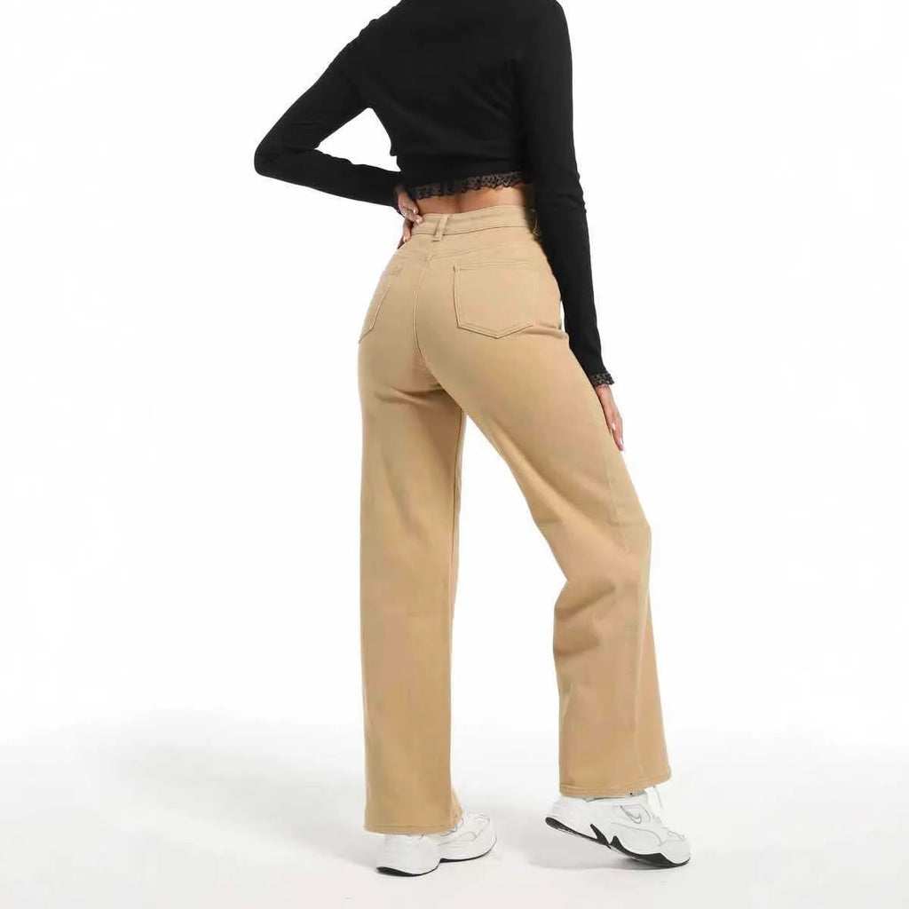 Women's high waist wide leg straight jeans in apricot and khaki colours