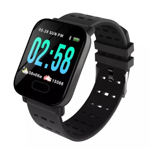 A6 compatible smart bracelet with colour touchscreen and silicone strap in black, blue, or orange options