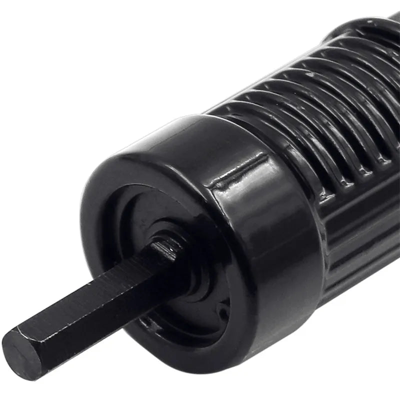 Black metal electric drill rivet gun attachment measuring 173mm with hardened three-jaw chuck and included handle, wrench, and rivet heads