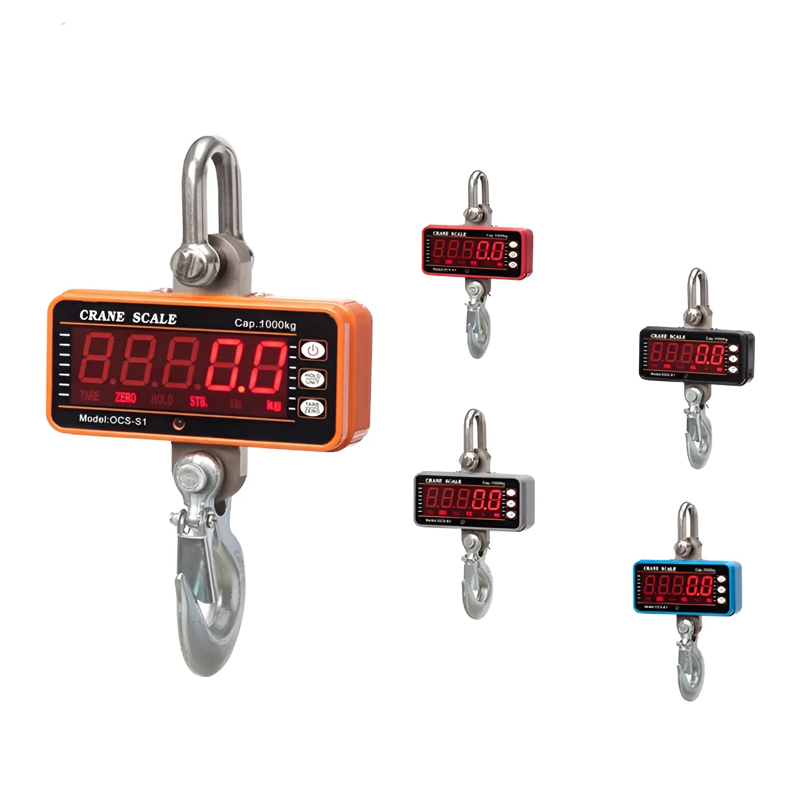 Orange electronic crane scale with digital display, showing a weight readout, hooked to a chain for lifting.
