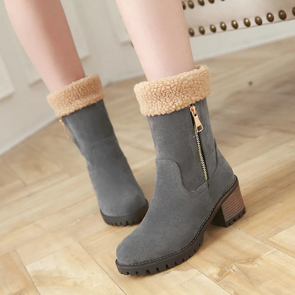 A pair of snow boots with a rubber sole and plush lining, shown in one of four available colours.