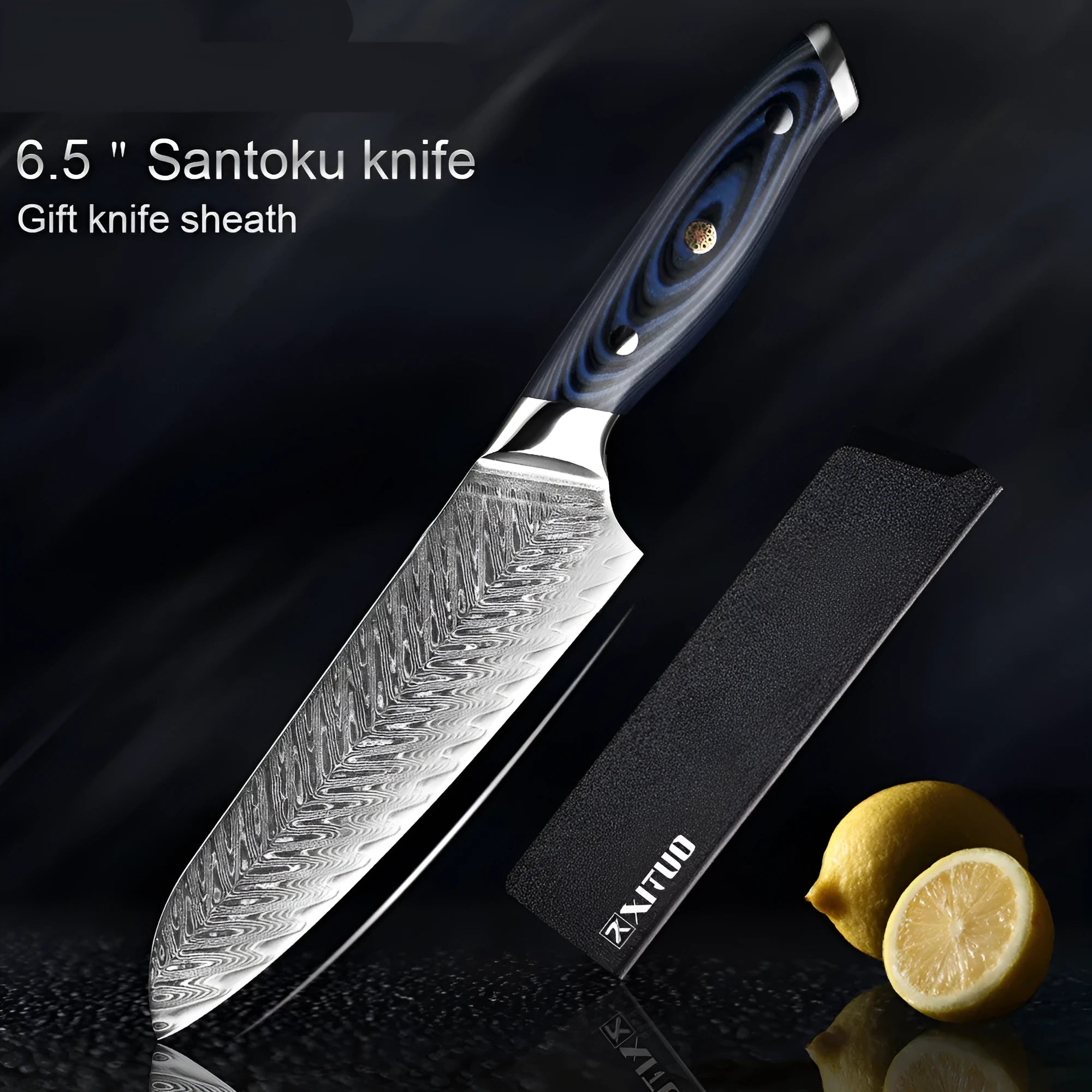 Blue G10 Damascus knife set with chef, Santoku, boning and peel knives on a light background