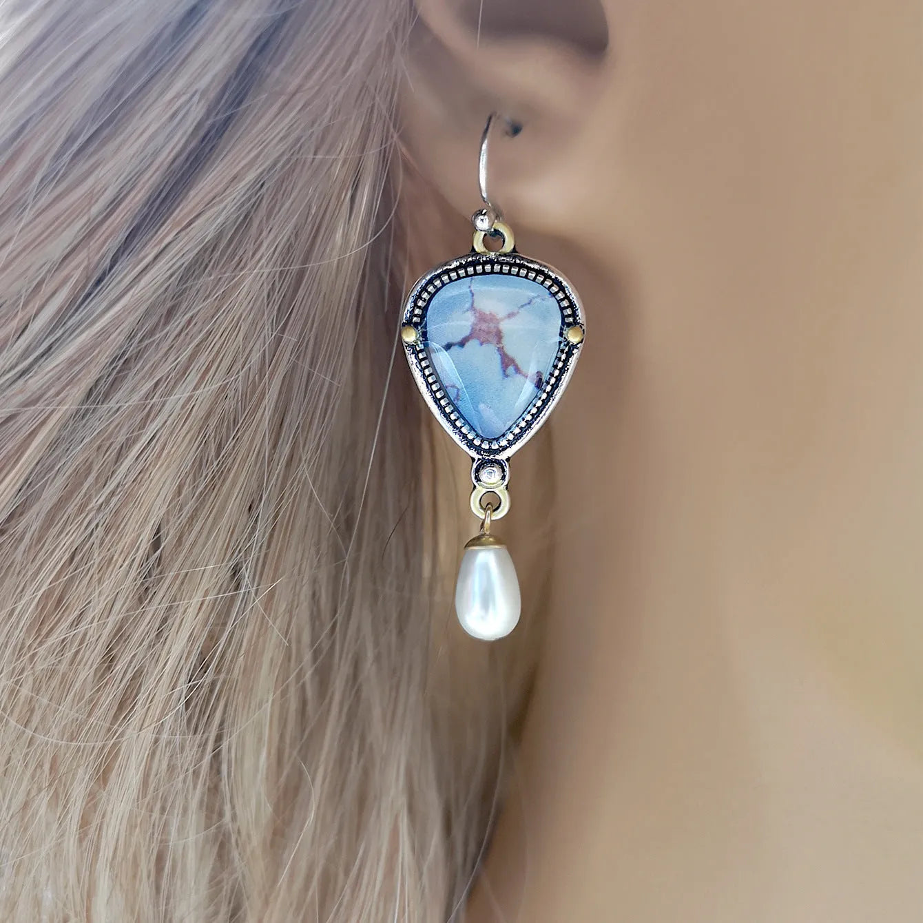 Retro blue Bohemian drop earrings with synthetic opal and pearl details on metal geometric setting