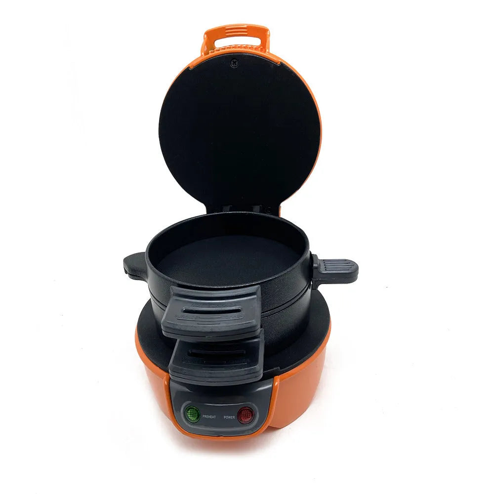 Bright red breakfast machine with sandwich maker and egg cooker ring on kitchen counter