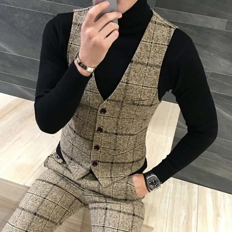 Thick slim fit plaid suit for men in linen microfiber polyester blend, single breasted skinny fit, sizes L to 5XL