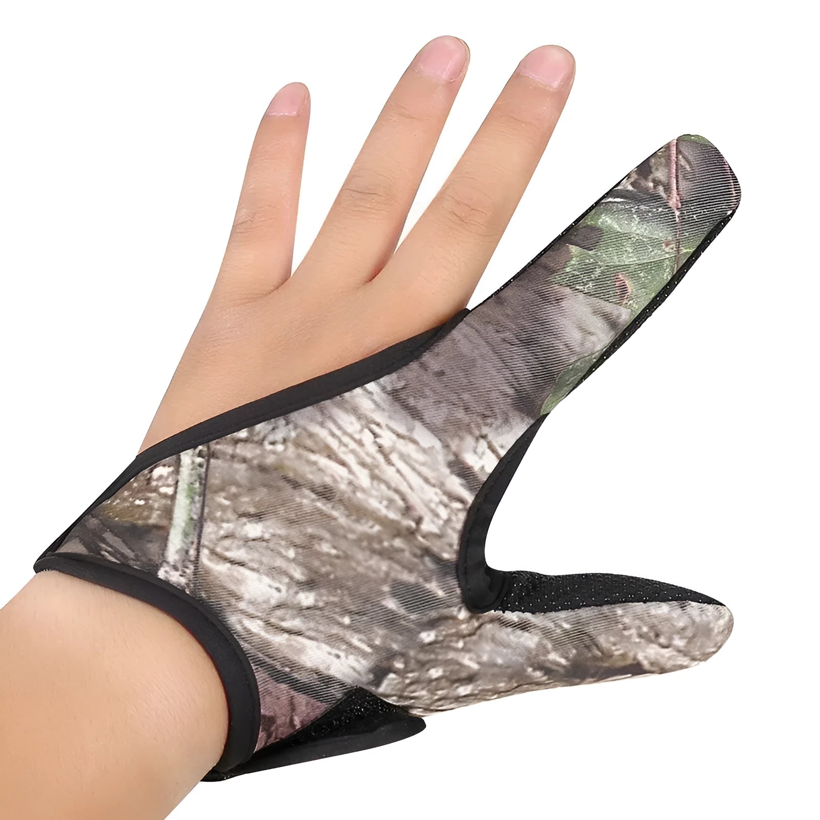 Single two-finger fishing glove in camouflage colour showing diving cloth back and microfiber palm.