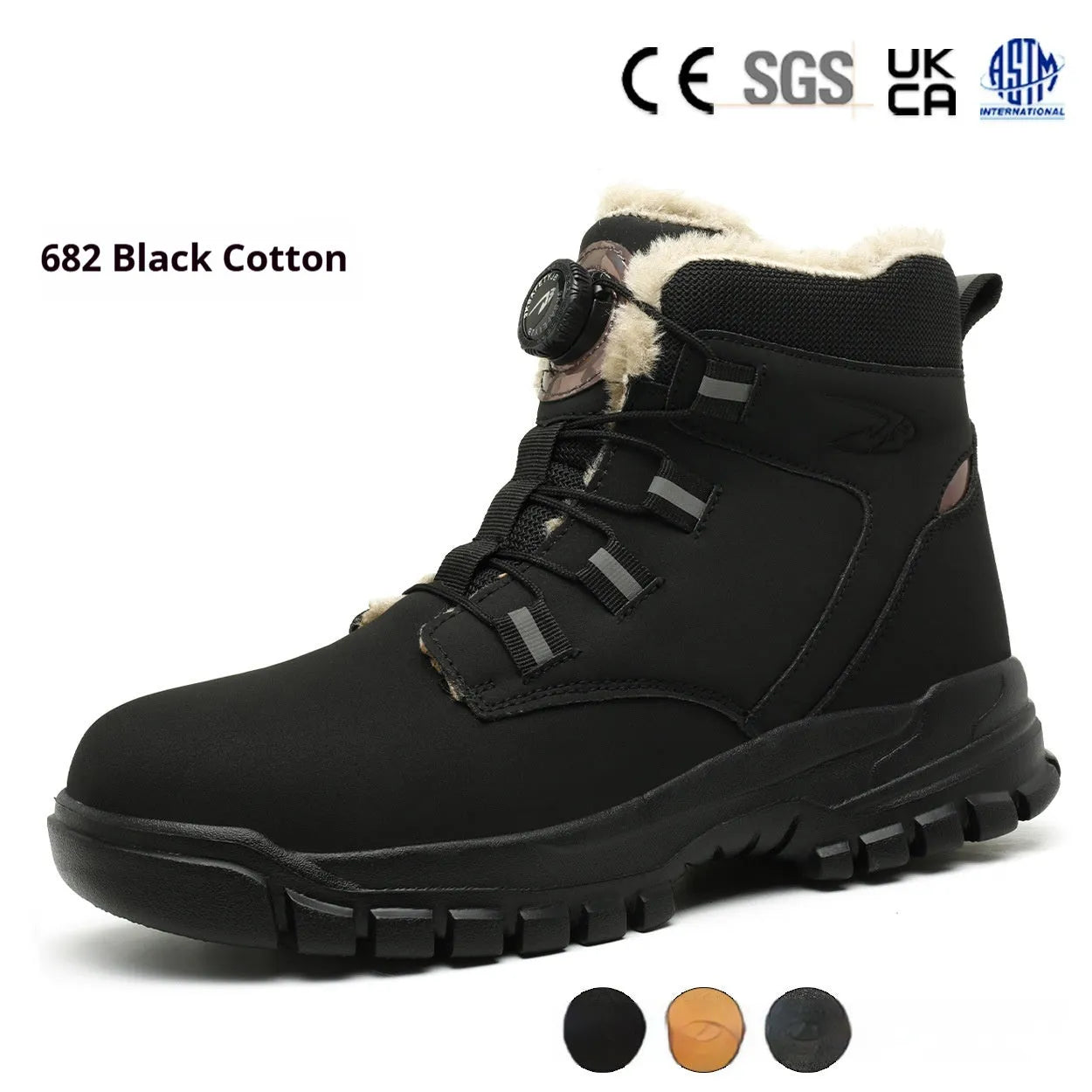 A pair of lightweight black leather work safety shoes with a rubber sole on a grey background.