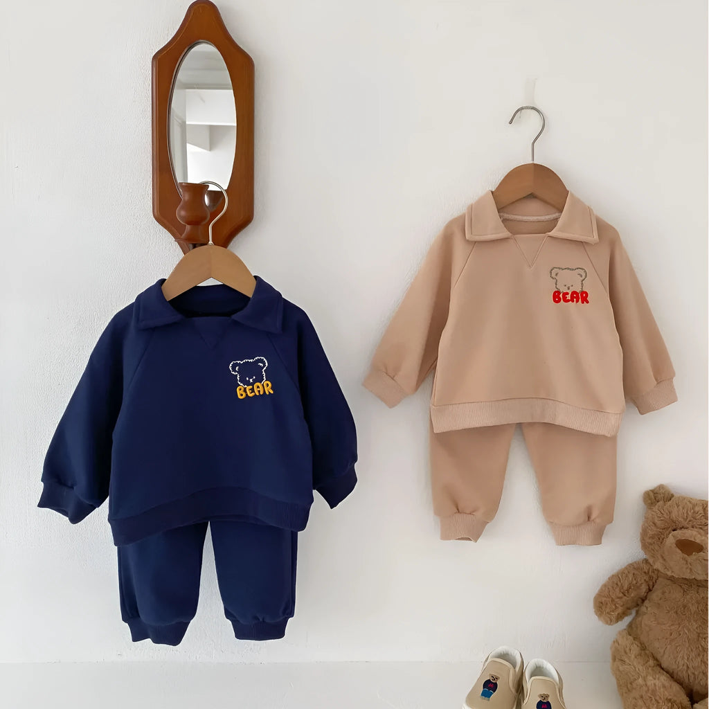 Baby Bear lapel sweater and pants two-piece set in cotton, sapphire blue or khaki beige, sizes 66cm to 100cm