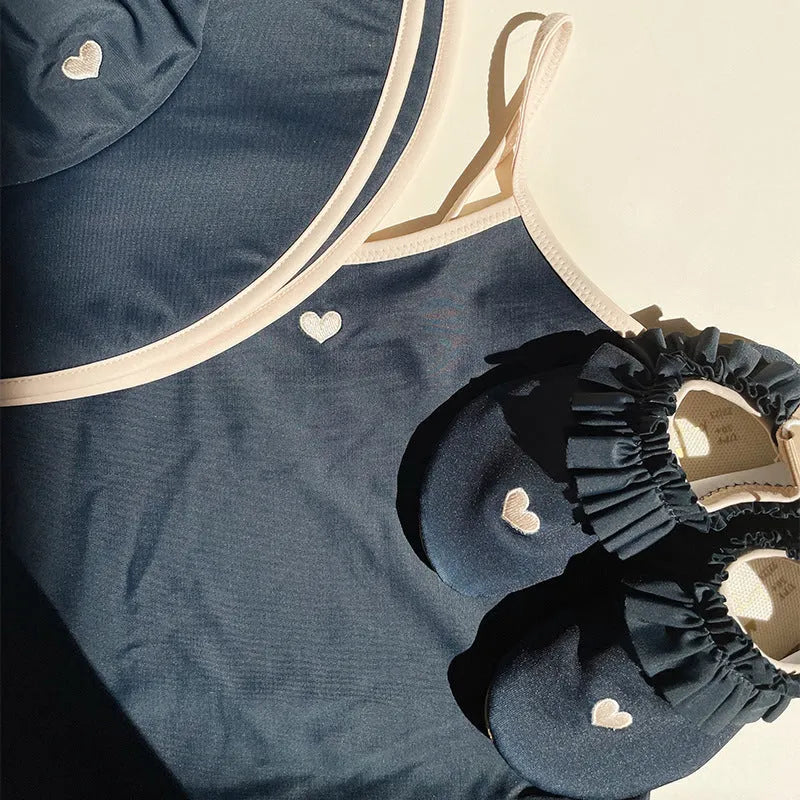 Dark blue baby girls' split swimsuit with high elasticity for swimming ages 1-6 years