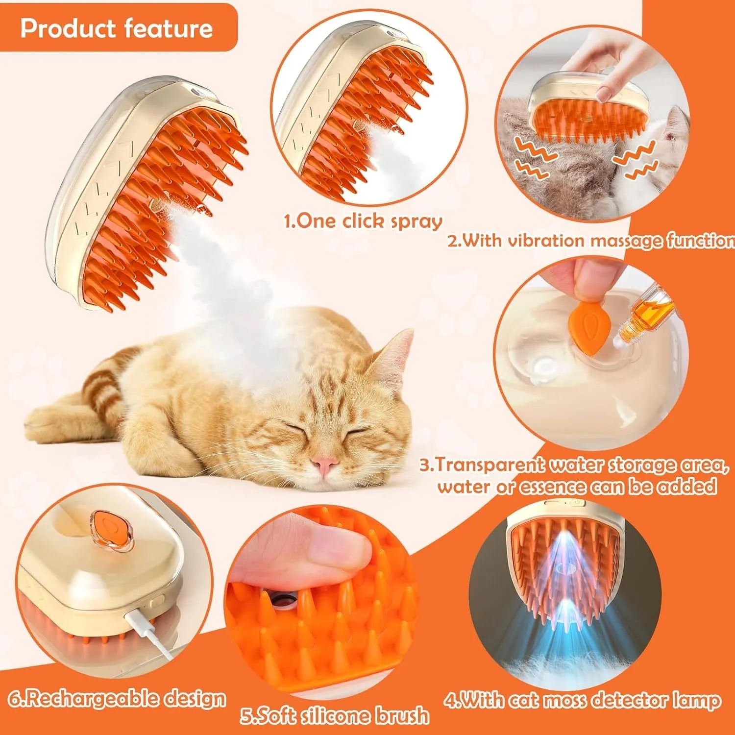 Yellow 4-in-1 cat steam brush with water spray, vibration massage and ringworm detector for pet grooming