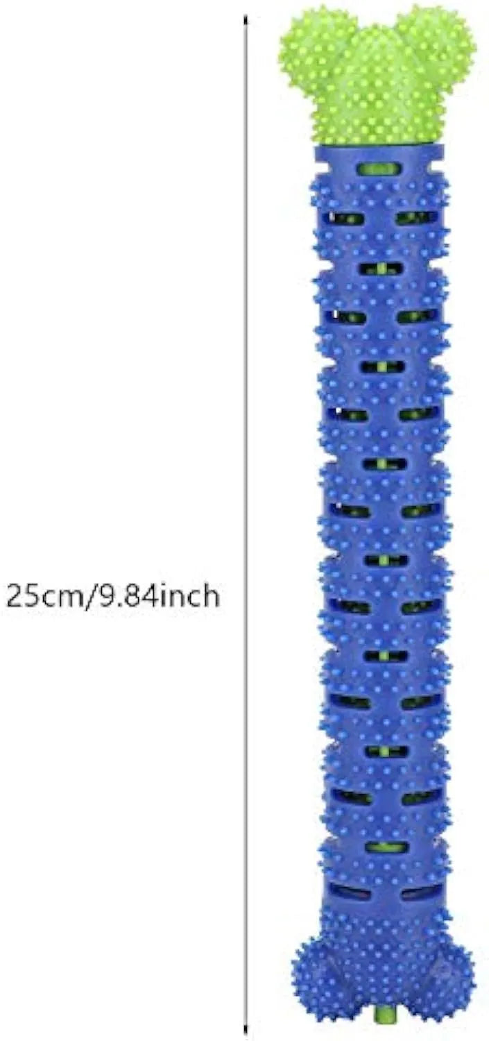 Blue green silicone dog toothbrush cleaning stick with textured surfaces and nodules for gum massage.
