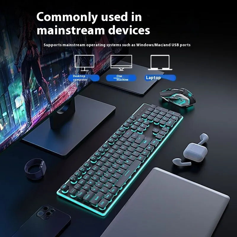 Wireless Bluetooth keyboard and mouse set with blue backlight in Cherry Blossom Pink colour