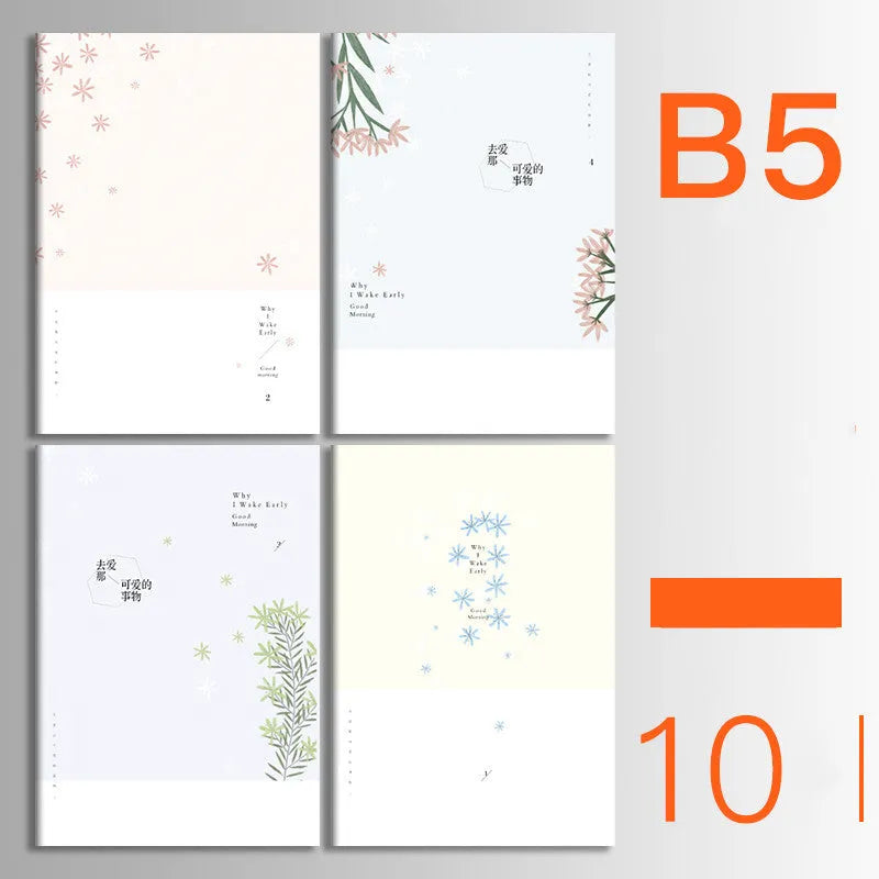 Pack of 10 A5 and B5 soft cover kraft paper notebooks with various designs, showing thread binding.