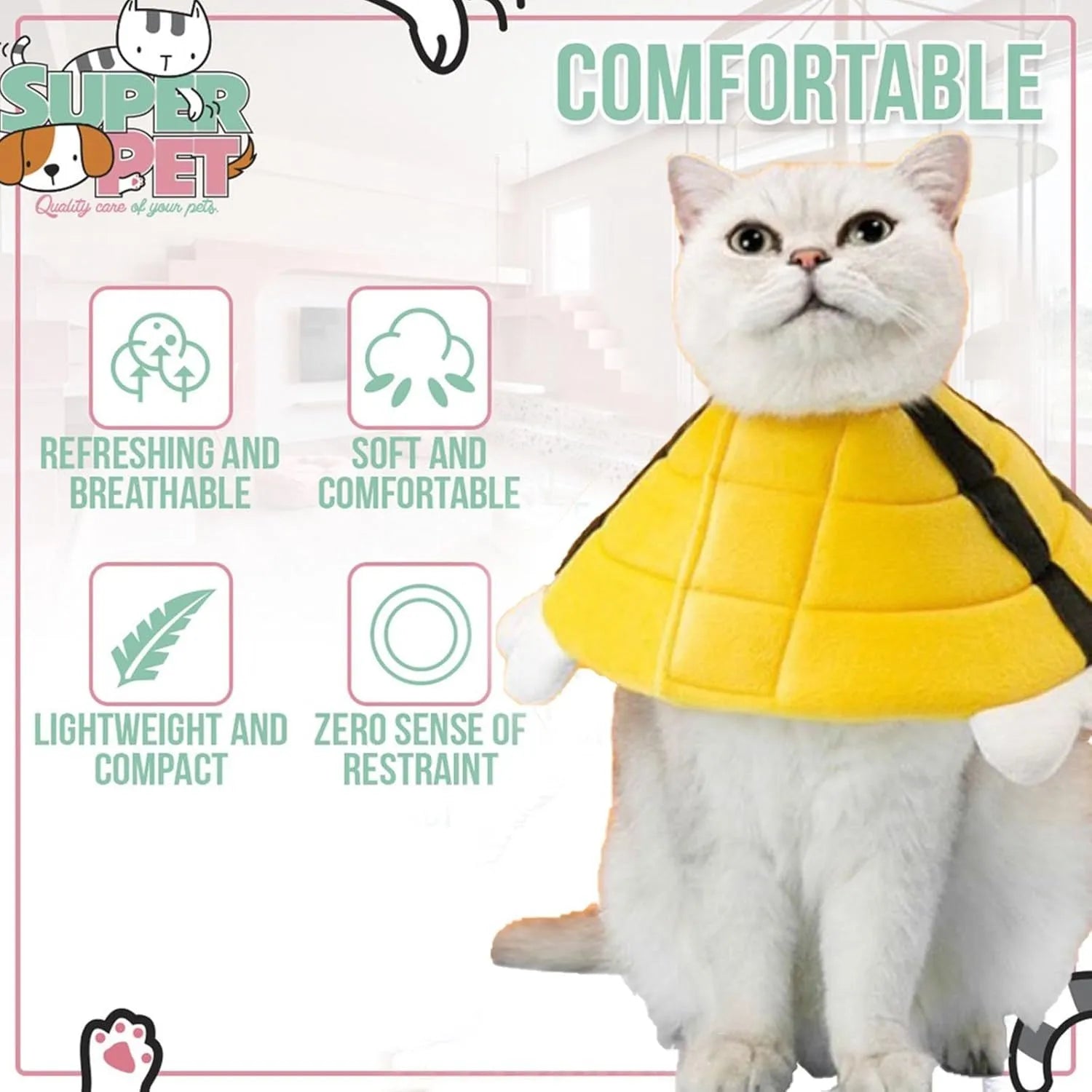 Soft cat cone collar with bee design showing adjustable velcro closure for wound protection