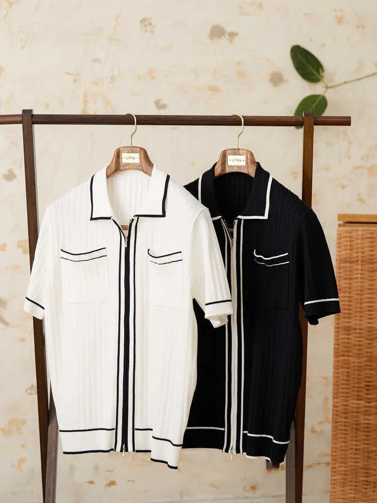 Slim black lapel collar short-sleeved polo shirt made from a thin viscose blend fabric.