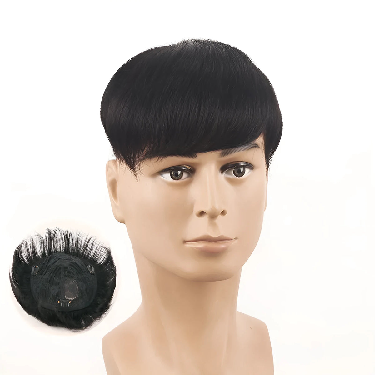 Men's short human hair wig, natural black, 16x18 construction, hot dyeable, with net options