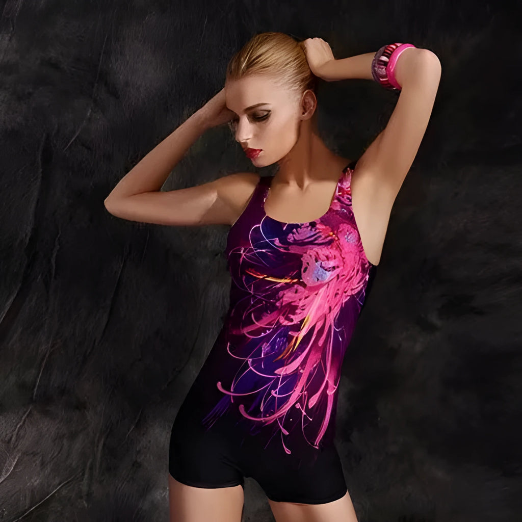 Adult women's black and blue quick-dry polyester one-piece swimsuit on a mannequin