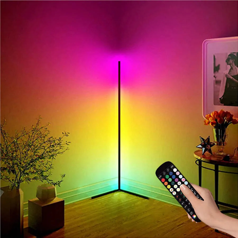 Black smart RGB floor lamp with aluminium body and silicone shade showing colour changing modes