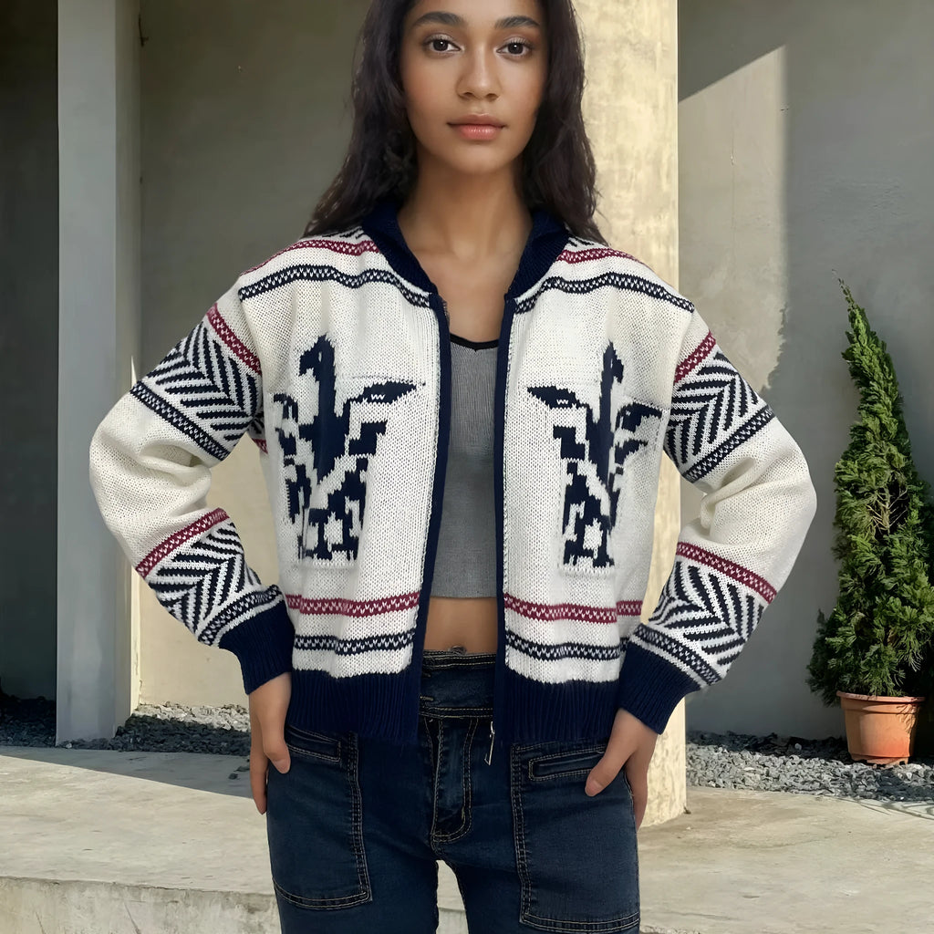 White women's zip-up cardigan with a dark contrast jacquard stripe pattern and a lapel collar.
