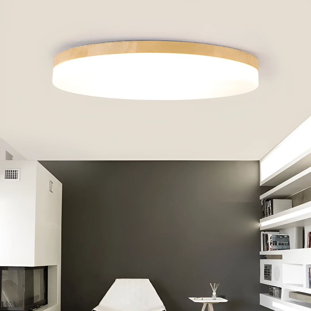 Japanese minimalist ceiling lamp with wood art body and acrylic shade in three sizes.