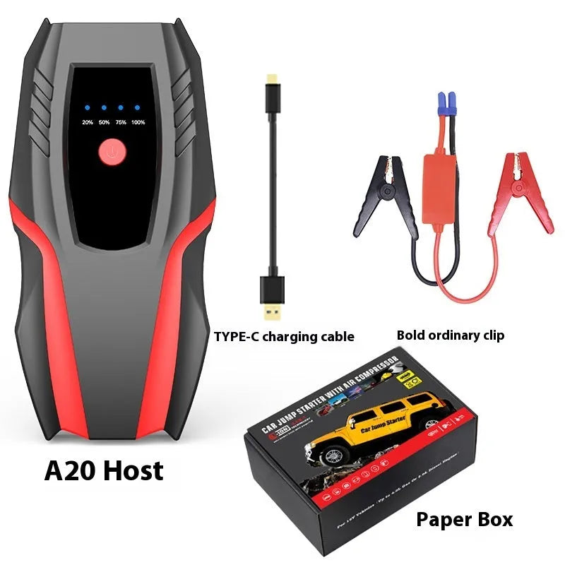 Portable 12V car jump starter with battery clamp, flashlight, and digital charging, 168x80x42mm, V0 fireproof material.