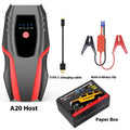 Portable 12V car jump starter with battery clamp, flashlight, and digital charging, 168x80x42mm, V0 fireproof material.
