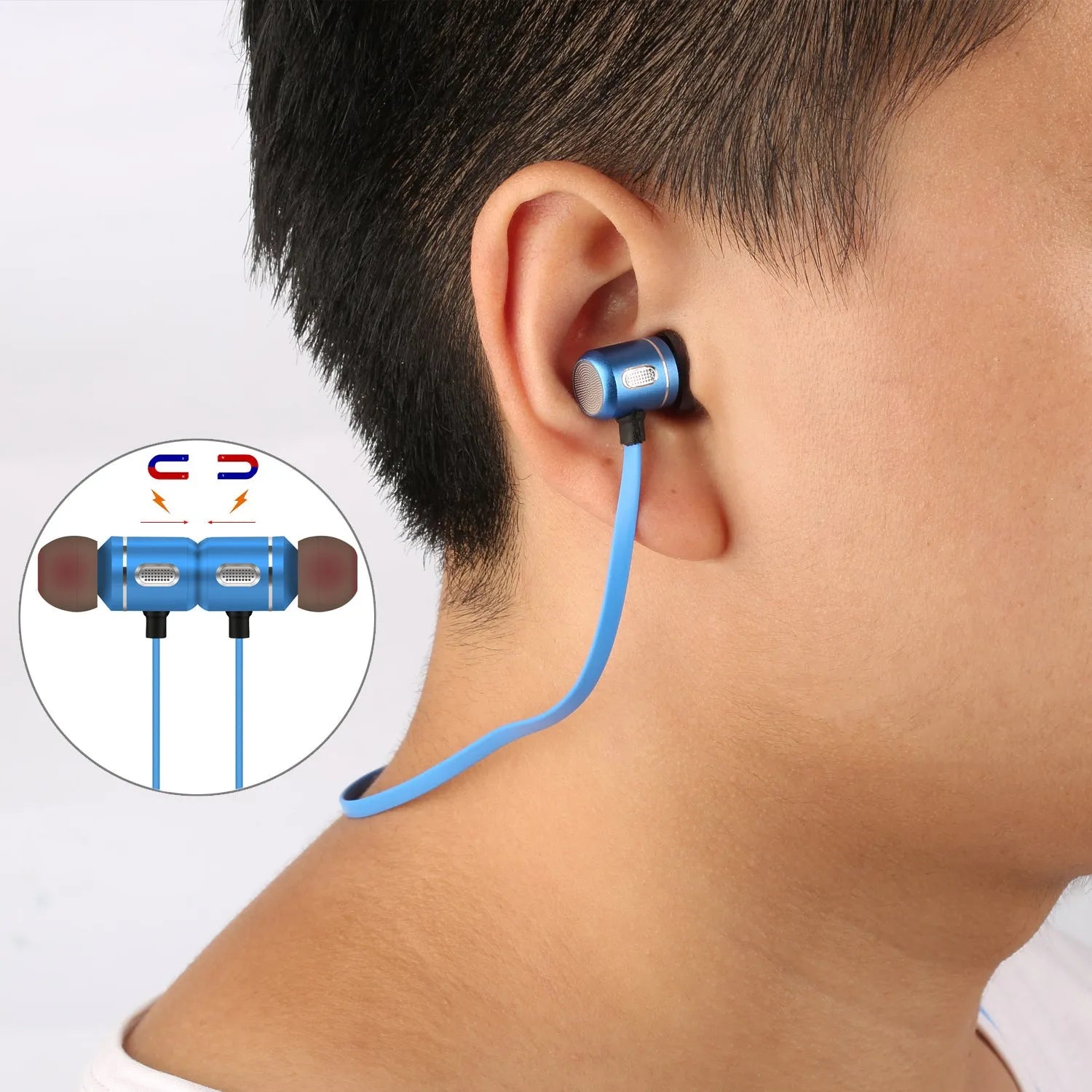 AX-09 Magnetic Sports Bluetooth Headset in blue with charging cable and ear caps