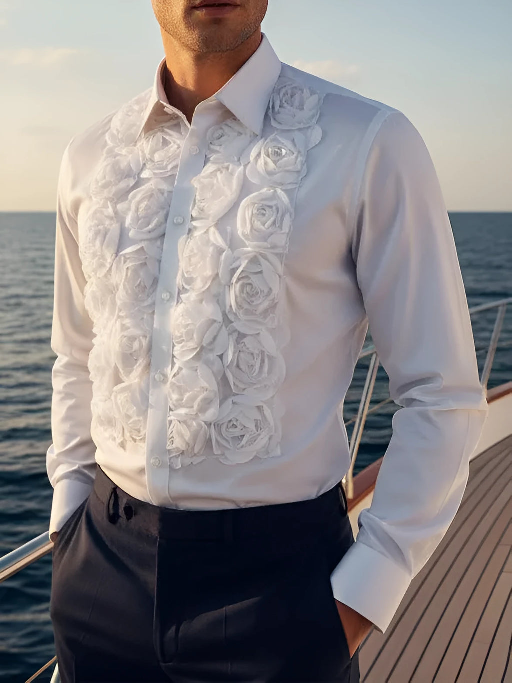 White polyester shirt with floral design, regular fit and regular-length top, shown in sizes S to 3XL.
