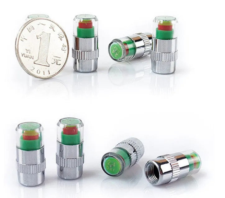 Set of four silver plastic and alloy mini tyre pressure warning caps with double explicit display