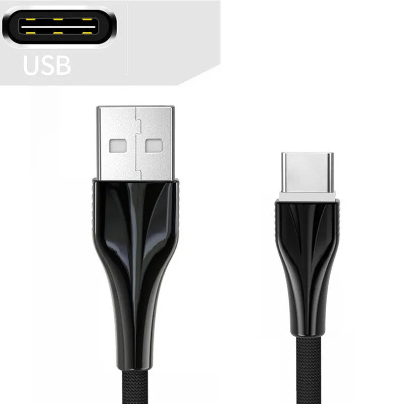 Aluminum alloy braided mobile phone data cable with three interfaces in black, silver, gold, rose gold, 1m length