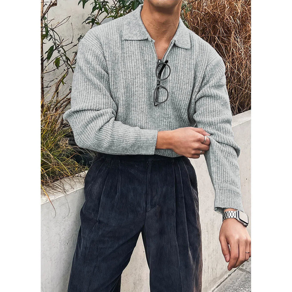 Men's knitted half-zip turn-down collar jacket in ice silk fabric, slim fit, solid pattern