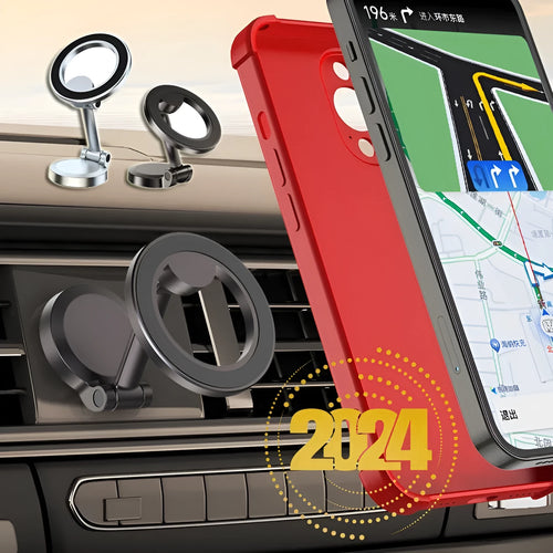 All-metal magnetic car phone mount with foldable bracket in Qian colour on vehicle dashboard