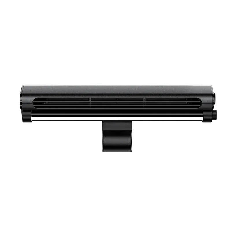 Black bladeless USB clip-on fan with integrated lamp attached to a laptop screen.