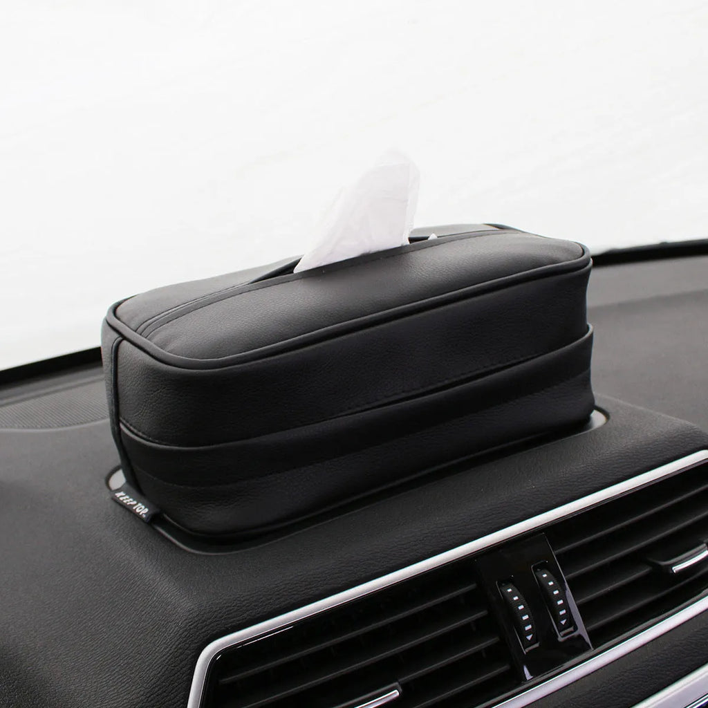 Black PU leather hanging storage box for car organisation, shown with dimensions.
