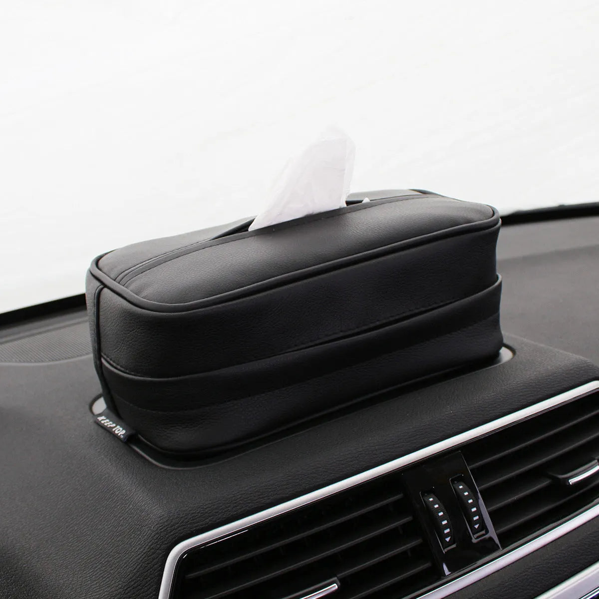 Black PU leather hanging storage box for car organisation, shown with dimensions.