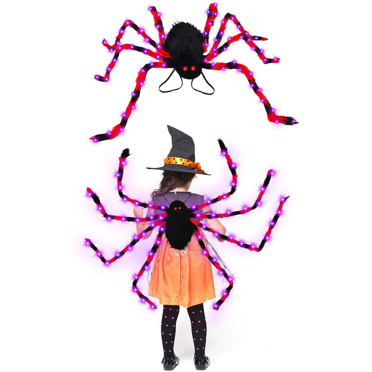 Halloween spider backpack with LED lights and plush sugar bag design in multiple colour variations