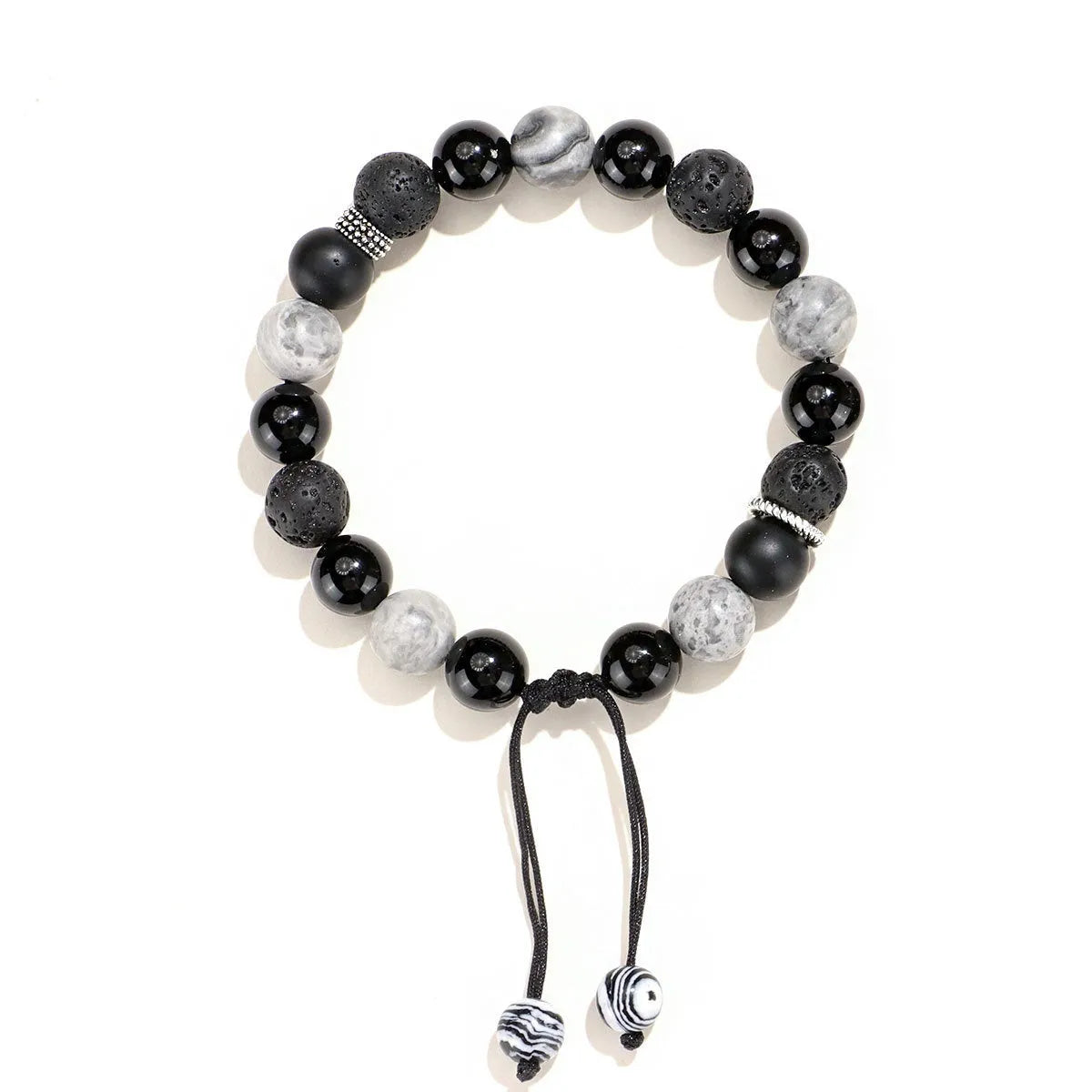 Black agate map stone volcanic rock bracelet with diamond-cut beads, shown in men's 10mm and women's 8mm sizes.